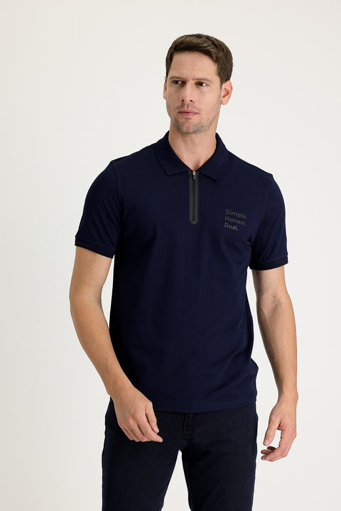Siyah Lacivert Polo Yaka Slim Fit Dar Kesim Baskılı Fermuarlı Tişört