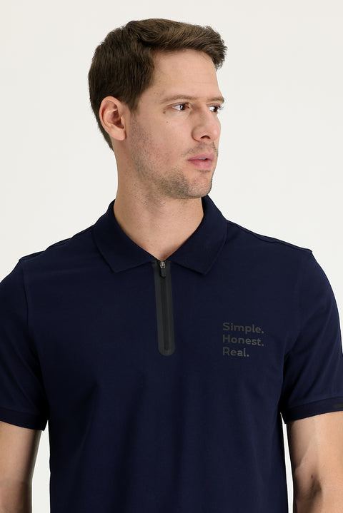 Siyah Lacivert Polo Yaka Slim Fit Dar Kesim Baskılı Fermuarlı Tişört