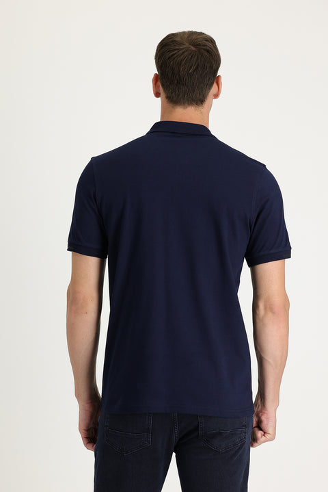 Siyah Lacivert Polo Yaka Slim Fit Dar Kesim Baskılı Fermuarlı Tişört