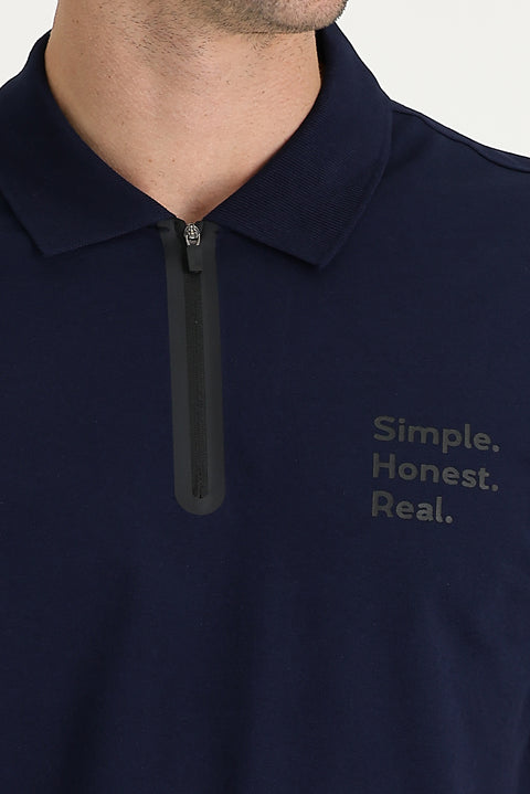 Siyah Lacivert Polo Yaka Slim Fit Dar Kesim Baskılı Fermuarlı Tişört