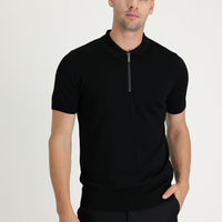 Siyah Polo Yaka Slim Fit Dar Kesim Fermuarlı Tişört