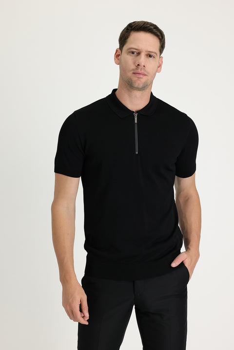 Siyah Polo Yaka Slim Fit Dar Kesim Fermuarlı Tişört