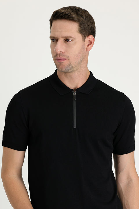 Siyah Polo Yaka Slim Fit Dar Kesim Fermuarlı Tişört