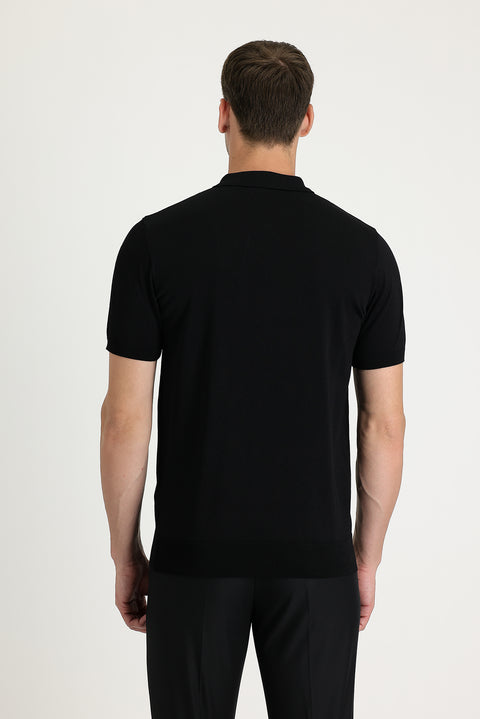Siyah Polo Yaka Slim Fit Dar Kesim Fermuarlı Tişört