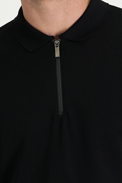 Siyah Polo Yaka Slim Fit Dar Kesim Fermuarlı Tişört