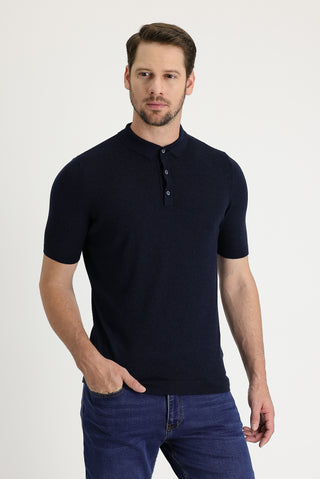 Orta Lacivert Polo Yaka Slim Fit Dar Kesim Keten Tişört