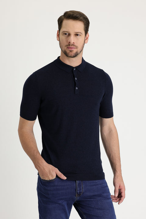 Orta Lacivert Polo Yaka Slim Fit Dar Kesim Keten Pamuklu Tişört