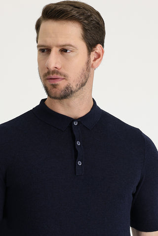 Orta Lacivert Polo Yaka Slim Fit Dar Kesim Keten Tişört