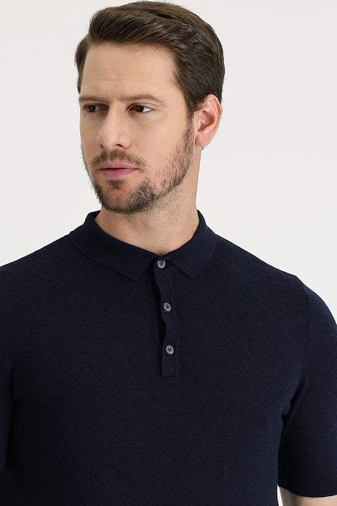 Orta Lacivert Polo Yaka Slim Fit Dar Kesim Keten Pamuklu Tişört