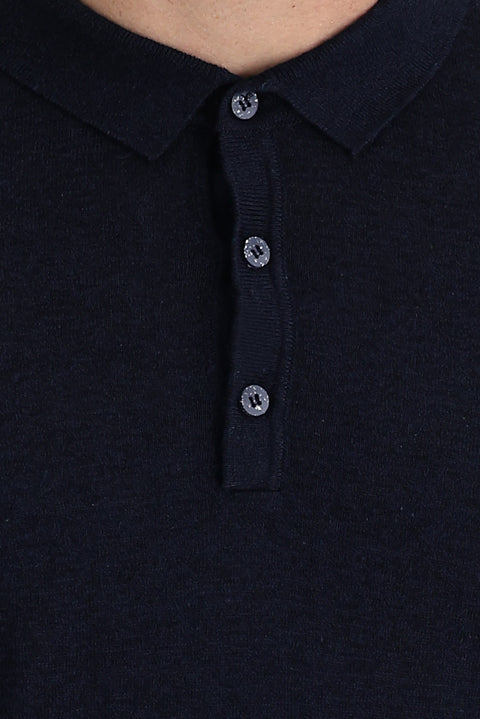 Orta Lacivert Polo Yaka Slim Fit Dar Kesim Keten Pamuklu Tişört