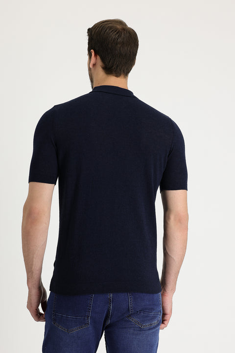 Orta Lacivert Polo Yaka Slim Fit Dar Kesim Keten Pamuklu Tişört