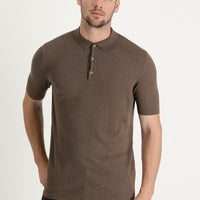 Orta Kahve Polo Yaka Slim Fit Dar Kesim Keten Karışımlı Pamuklu Tişört