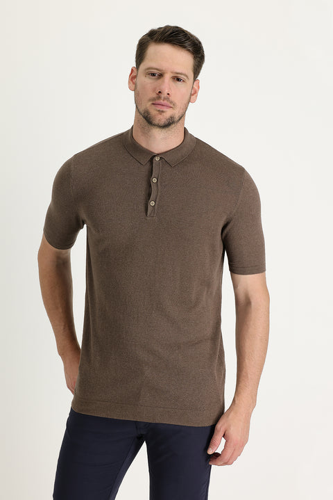 Orta Kahve Polo Yaka Slim Fit Dar Kesim Keten Tişört