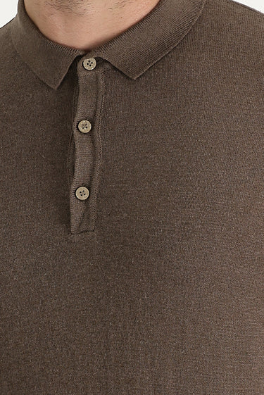 Orta Kahve Polo Yaka Slim Fit Dar Kesim Keten Karışımlı Pamuklu Tişört