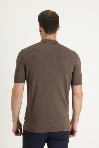  Orta Kahve Polo Yaka Slim Fit Dar Kesim Keten Tişört