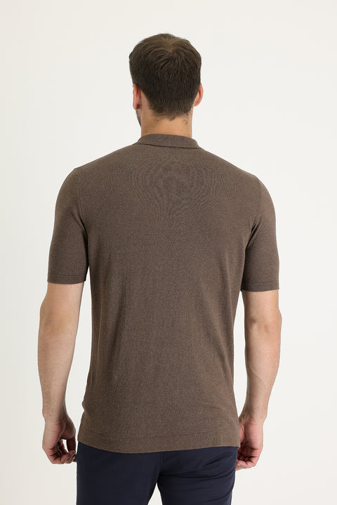 Orta Kahve Polo Yaka Slim Fit Dar Kesim Keten Tişört