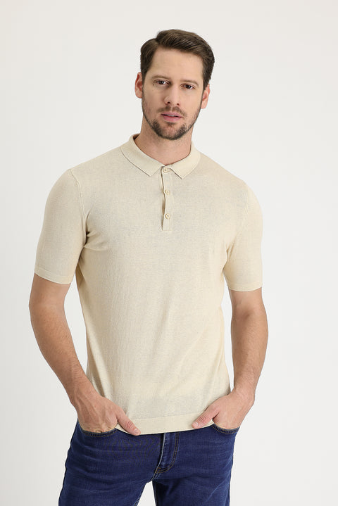Orta Bej Polo Yaka Slim Fit Dar Kesim Keten Tişört