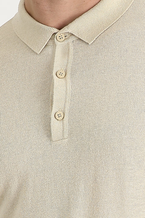 Orta Bej Polo Yaka Slim Fit Dar Kesim Keten Tişört