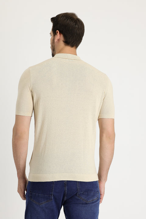 Orta Bej Polo Yaka Slim Fit Dar Kesim Keten Tişört