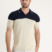 Orta Lacivert Polo Yaka Slim Fit Dar Kesim Desenli Keten Tişört