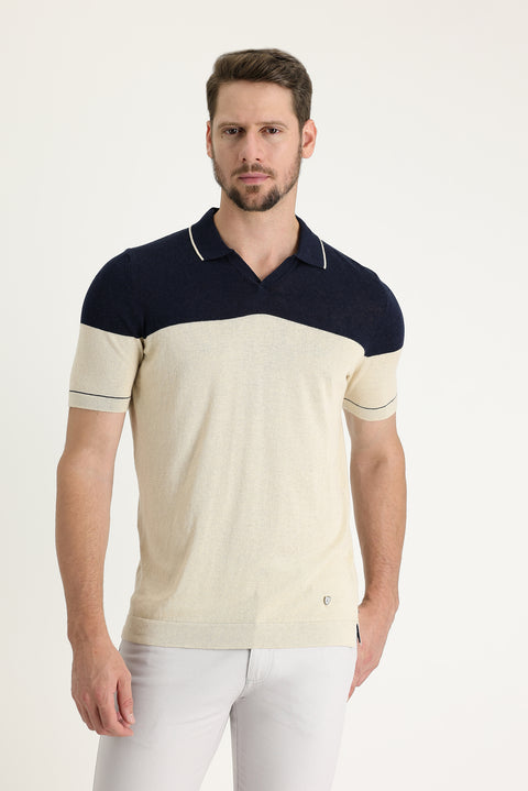 Orta Lacivert Polo Yaka Slim Fit Dar Kesim Desenli Keten Tişört
