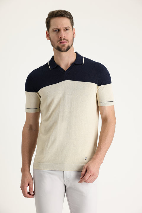 Orta Lacivert Polo Yaka Slim Fit Dar Kesim Desenli Keten Tişört