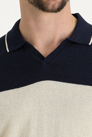 Orta Lacivert Polo Yaka Slim Fit Dar Kesim Desenli Pamuklu Keten Tişört