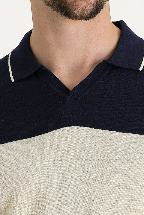 Orta Lacivert Polo Yaka Slim Fit Dar Kesim Desenli Keten Tişört