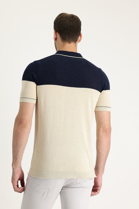 Orta Lacivert Polo Yaka Slim Fit Dar Kesim Desenli Keten Tişört