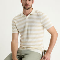 Orta Bej Polo Yaka Slim Fit Dar Kesim Desenli Keten Tişört