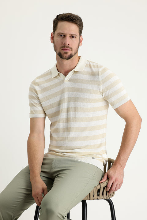 Orta Bej Polo Yaka Slim Fit Dar Kesim Desenli Keten Tişört