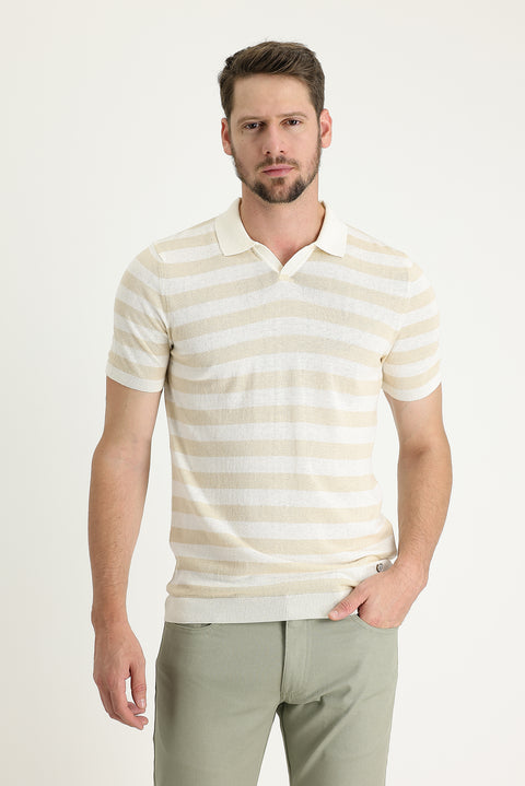 Orta Bej Polo Yaka Slim Fit Dar Kesim Desenli Keten Tişört