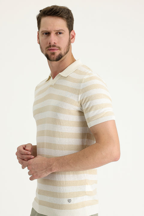 Orta Bej Polo Yaka Slim Fit Dar Kesim Desenli Keten Tişört