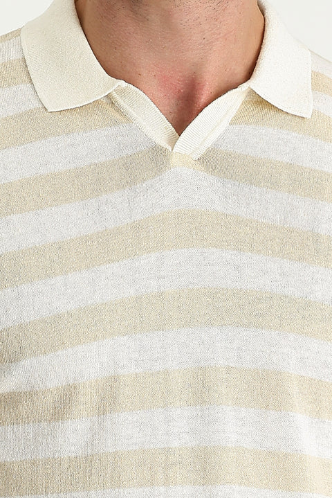 Orta Bej Polo Yaka Slim Fit Dar Kesim Desenli Keten Tişört