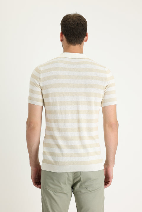 Orta Bej Polo Yaka Slim Fit Dar Kesim Desenli Keten Tişört