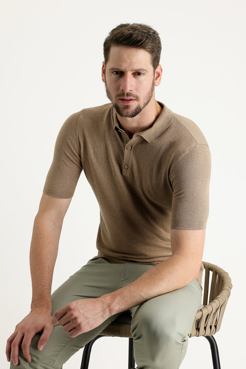 Taba Polo Yaka Slim Fit Dar Kesim Pamuklu Keten Karışımlı Tişört