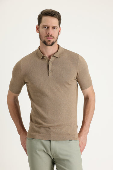 Taba Polo Yaka Slim Fit Dar Kesim Pamuklu Keten Karışımlı Tişört