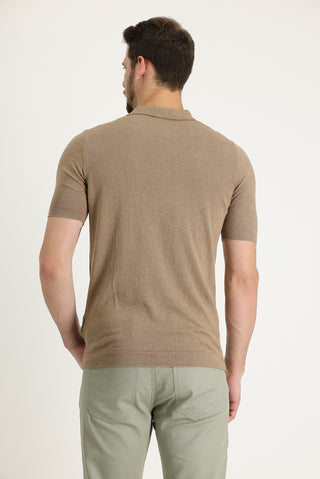 Taba Polo Yaka Slim Fit Dar Kesim Pamuklu Keten Karışımlı Tişört
