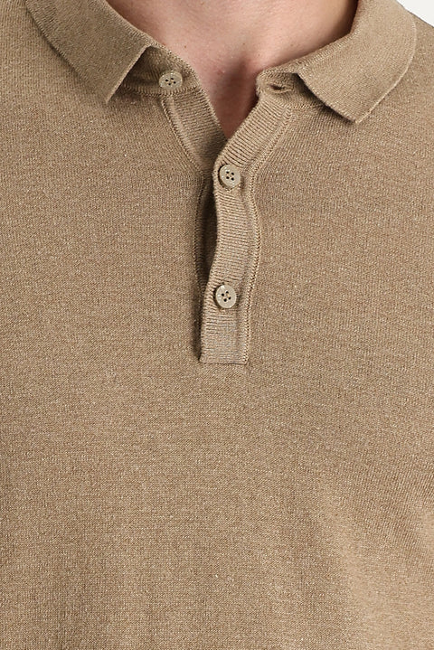 Taba Polo Yaka Slim Fit Dar Kesim Pamuklu Keten Karışımlı Tişört