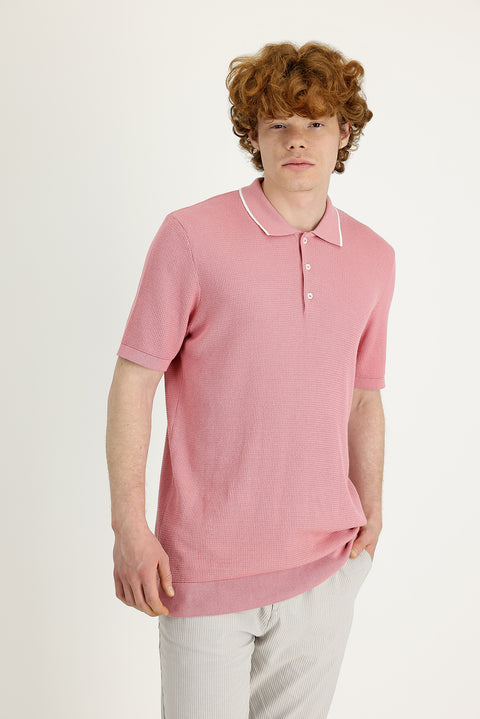 Orta Pembe Polo Yaka Slim Fit Dar Kesim Tişört