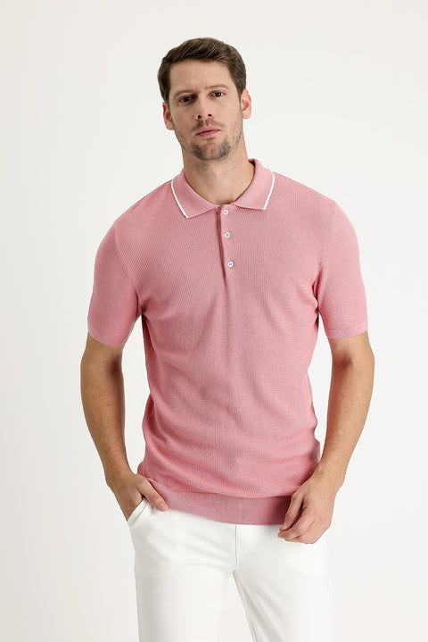 Orta Pembe Polo Yaka Slim Fit Dar Kesim Desenli Tişört