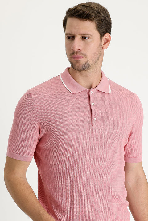 Orta Pembe Polo Yaka Slim Fit Dar Kesim Desenli Tişört