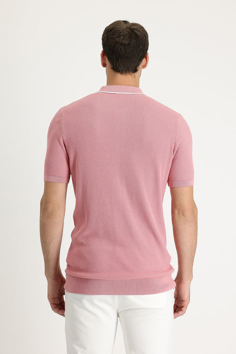 Orta Pembe Polo Yaka Slim Fit Dar Kesim Desenli Tişört