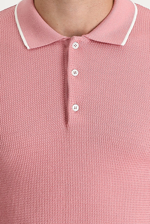 Orta Pembe Polo Yaka Slim Fit Dar Kesim Desenli Tişört