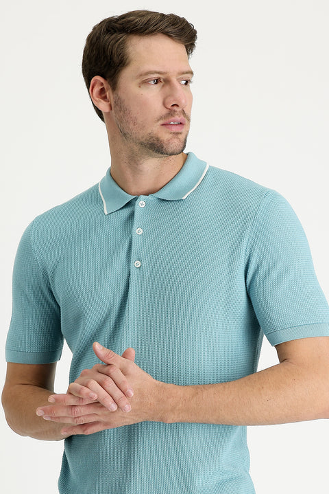 Orta Turkuaz Polo Yaka Slim Fit Dar Kesim Desenli Tişört