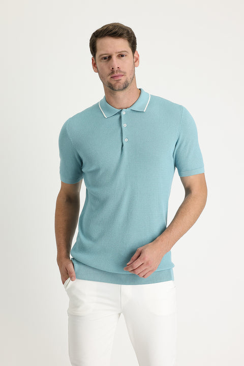Orta Turkuaz Polo Yaka Slim Fit Dar Kesim Desenli Tişört
