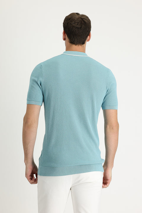 Orta Turkuaz Polo Yaka Slim Fit Dar Kesim Desenli Tişört