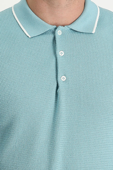 Orta Turkuaz Polo Yaka Slim Fit Dar Kesim Desenli Tişört