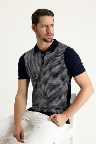  Orta Lacivert Polo Yaka Slim Fit Dar Kesim Desenli Tişört