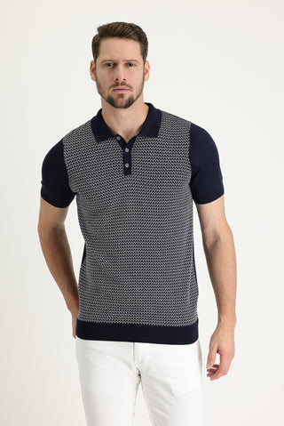  Orta Lacivert Polo Yaka Slim Fit Dar Kesim Desenli Tişört